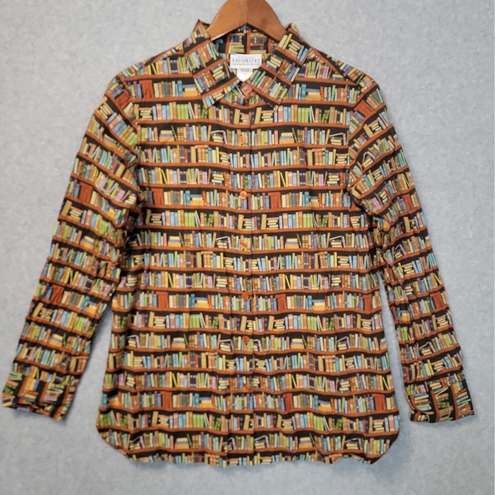 Vintage Book Lover Button Up Long Sleeve Shirt Sz M Teacher Librarian Cotton